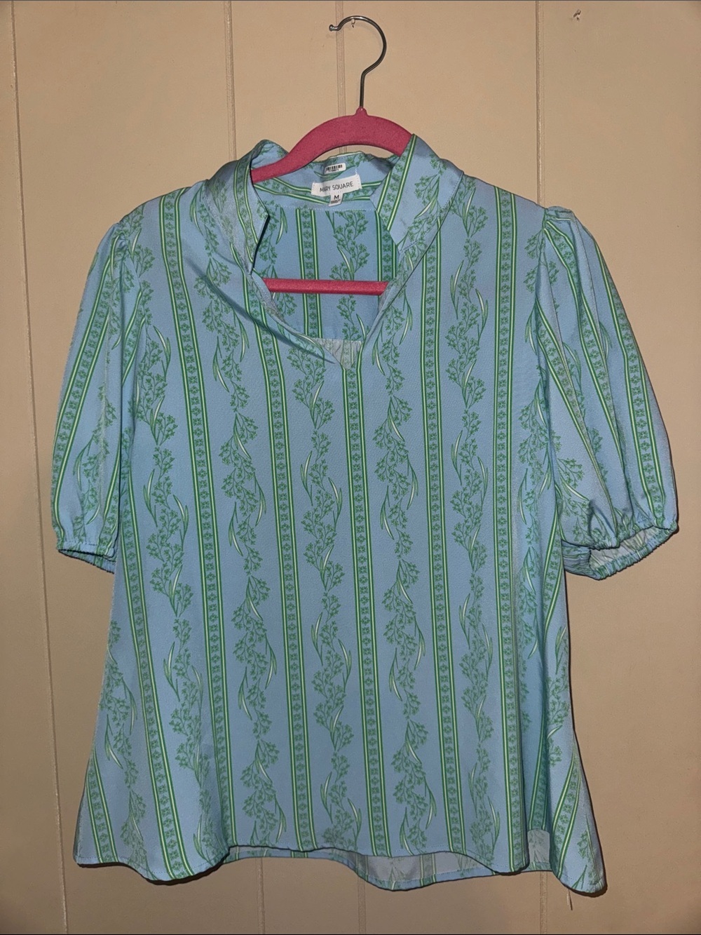 Light Blue & Green Striped Floral Puff Sleeve Blouse